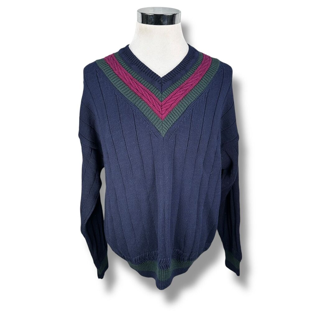 Vintage Adirondack Savile Row Tennis Sweater Men’s XL Blue V-Neck USA 90s Cotton